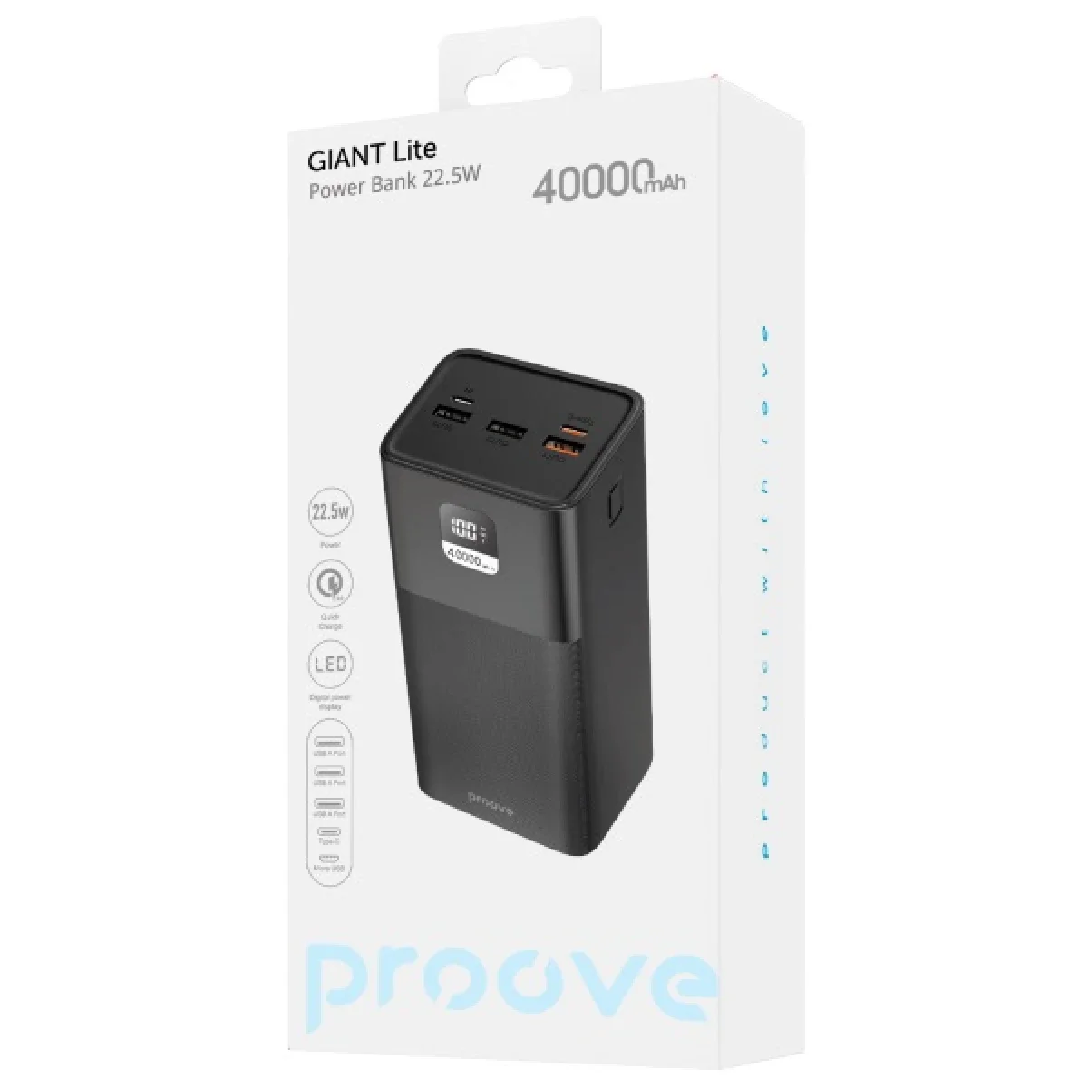 باور بانك Proove Giant Lite بسعة 40000mAh و3 منافذ USB وType-C وMicro USB وقدرة 22.5 واط - أسود - Thumbnail 3