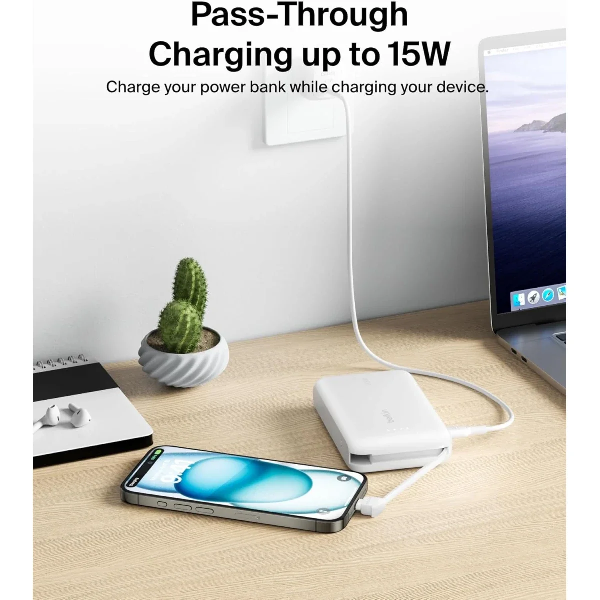 بطارية محمولة Belkin BoostCharge بسعة 10000mAh مع كابل USB-C مدمج وشحن PD بقدرة 20W - أبيض - Thumbnail 6