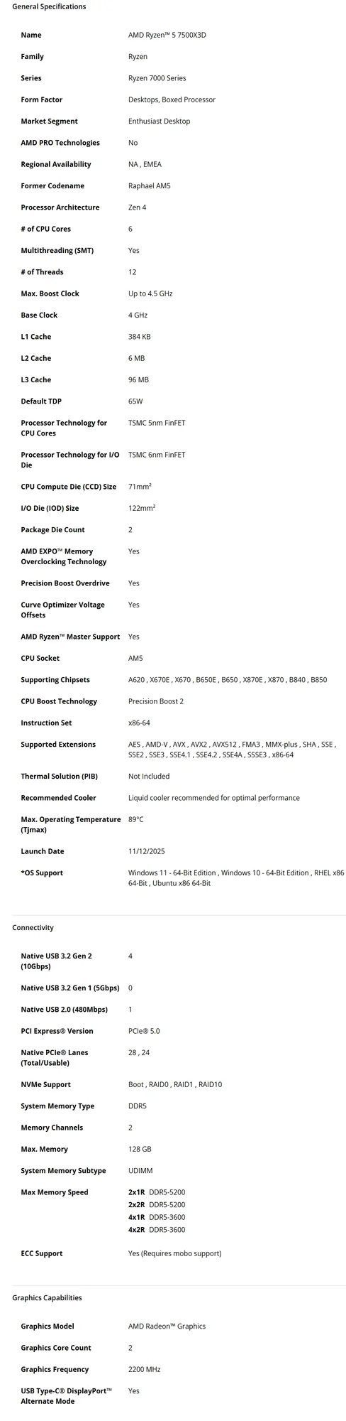معالج مكتبي AMD Ryzen 5 7500X3D سداسي النواة 4.0GHz حتى 4.7GHz ماكس بوست وذاكرة مخبأة 102MB ومقبس AM5 إصدار Tray - Image 2