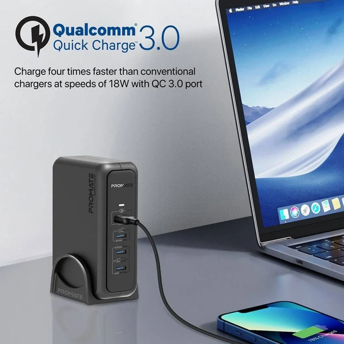 Promate GaNPort-140W 140W GaNFast Charging Station with PD 3.1 & QC 3.0 - Black - Thumbnail 7