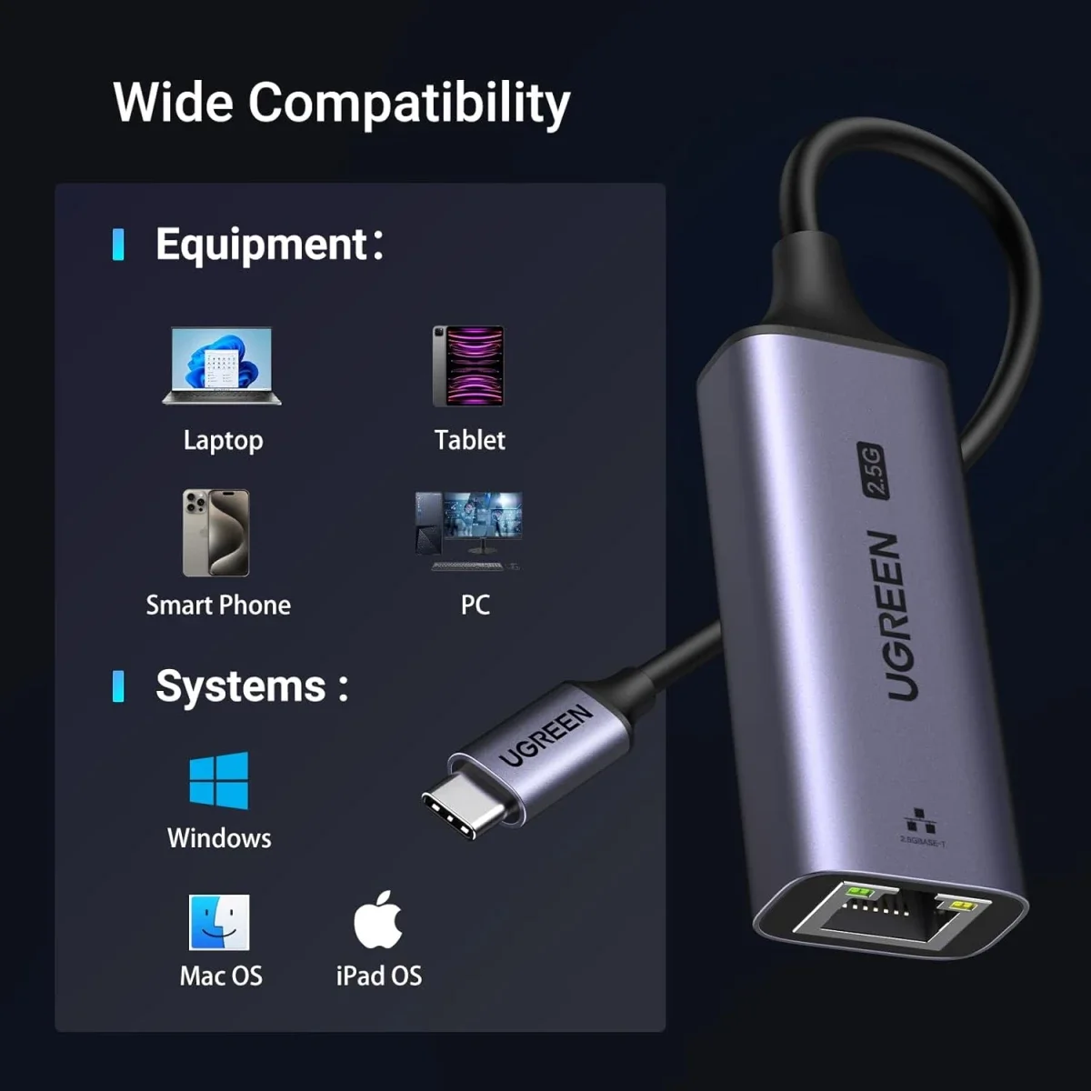 Ugreen 25052 USB-C to 2.5G Ethernet Adapter with RJ45 Aluminum Housing - Thumbnail 6