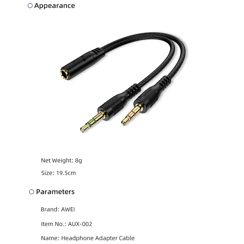 كيبل صوت Awei AUX-002 موزع Y من 3.5 مم أنثى إلى منفذين ذكر - Image 11