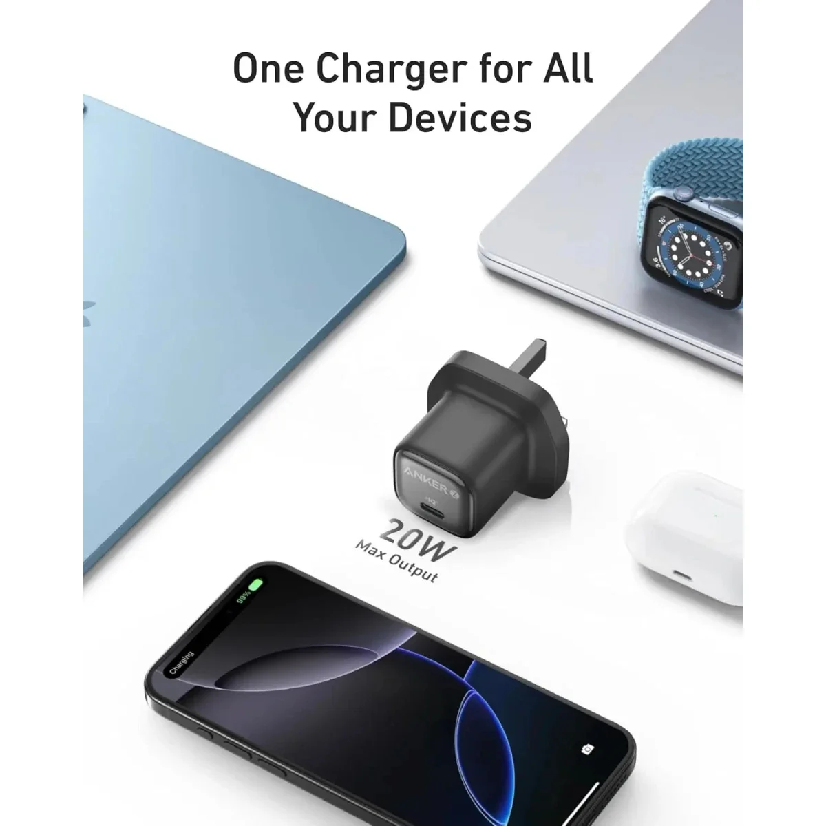 شاحن Anker Zolo Charger ICE بقدرة 20W GaN USB-C للشحن السريع - أسود - Thumbnail 2