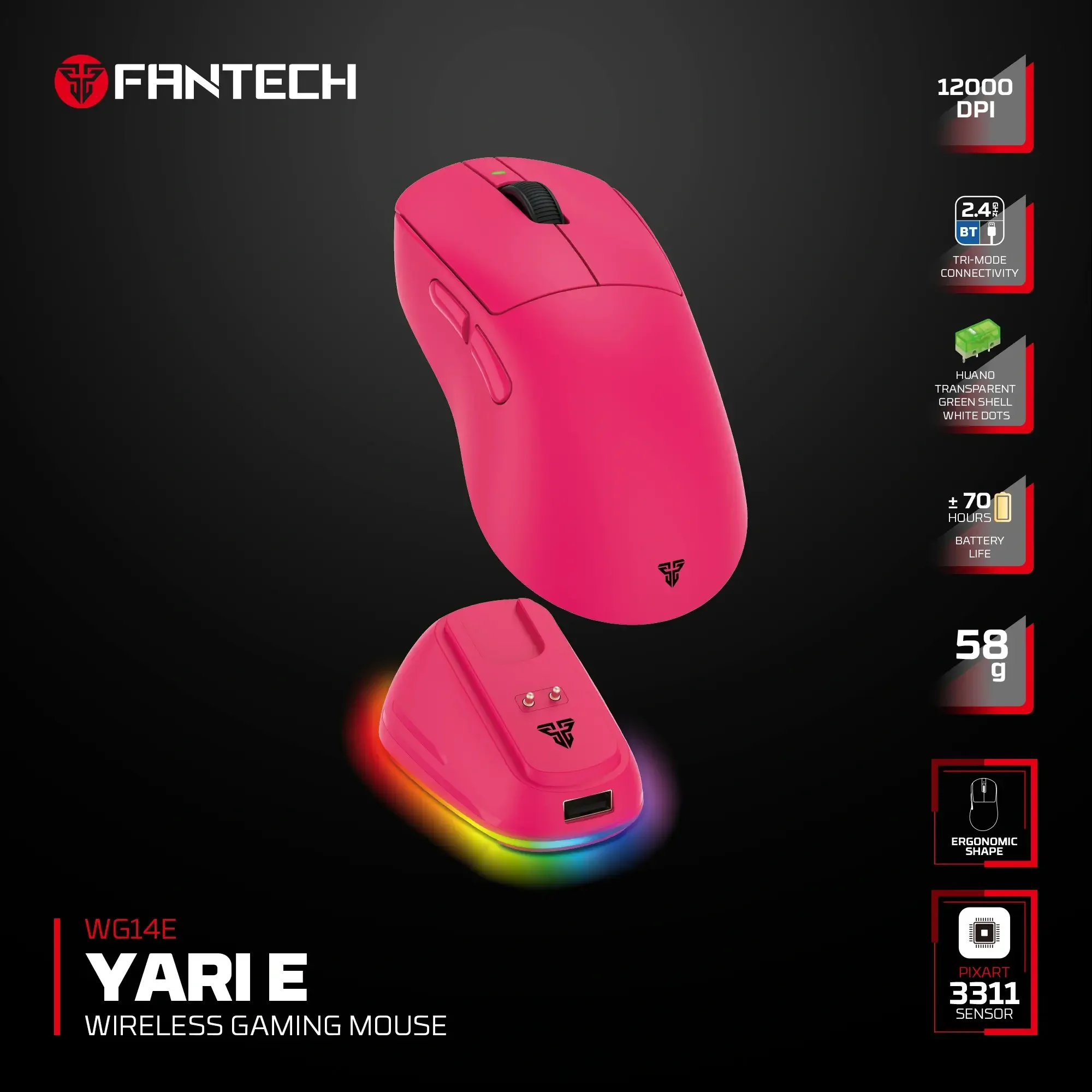Fantech WG14E YARI E Ergonomic Wireless Gaming Mouse Pink - Thumbnail 4