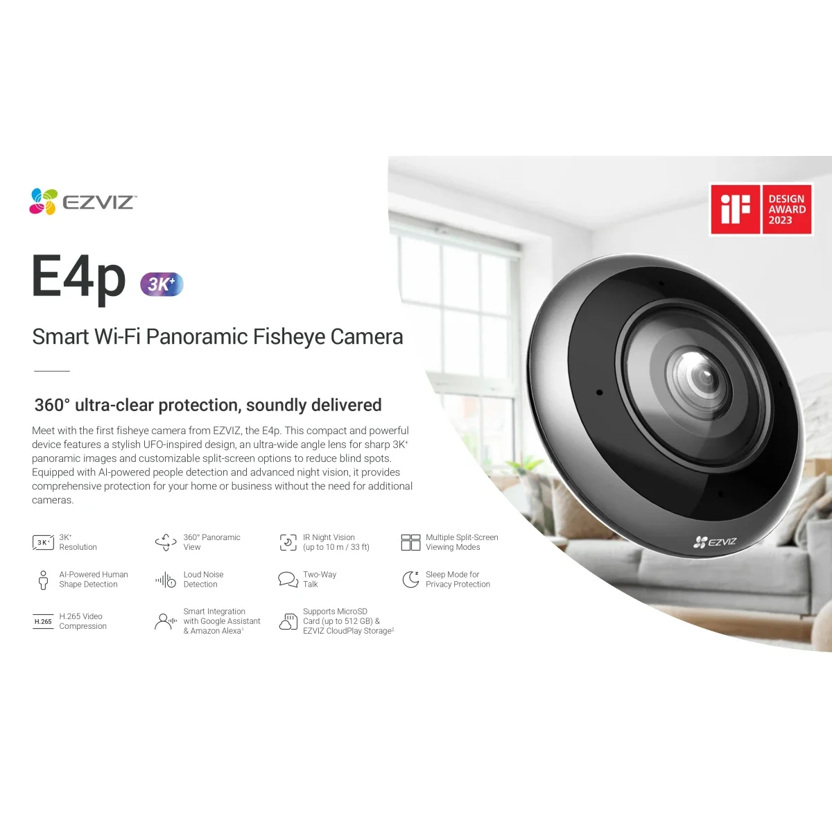 Ezviz E4p 3K+ Smart Fisheye Camera 6MP 360° Panoramic View Dual-Band Wi‑Fi Two-Way Talk - Image 2