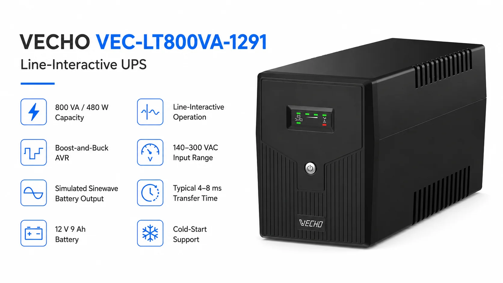 VECHO VEC-LT800VA-1291 Line-Interactive UPS 800VA 480W - Image 3