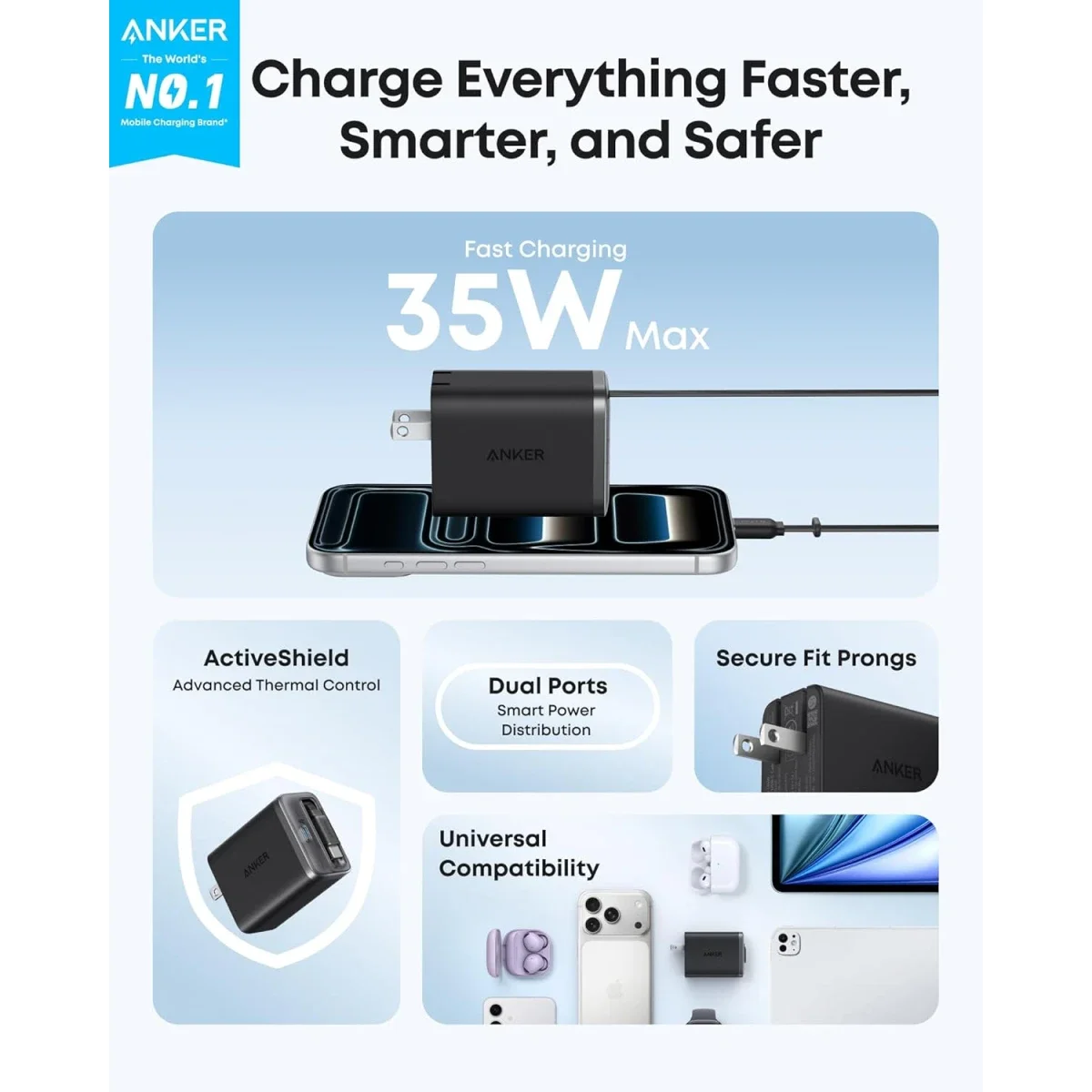 شاحن Anker A2658 Nano بقدرة 35 واط بمنفذي USB-C وكابل قابل للسحب - أسود - Thumbnail 2