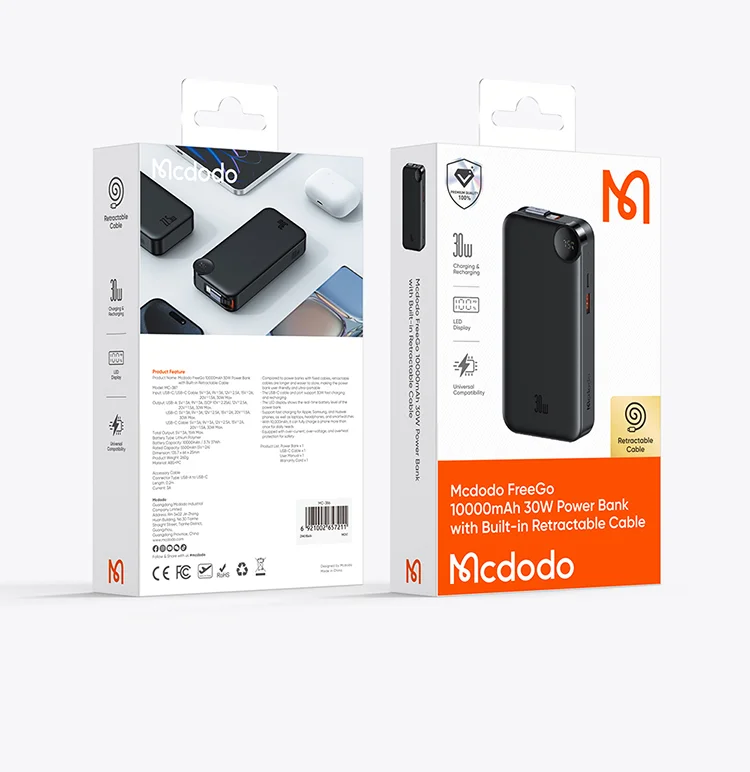 باور بانك Mcdodo MC-3870 بسعة 10000mAh وقدرة 30W مع كابل قابل للسحب وشاشة رقمية - أسود - Thumbnail 19