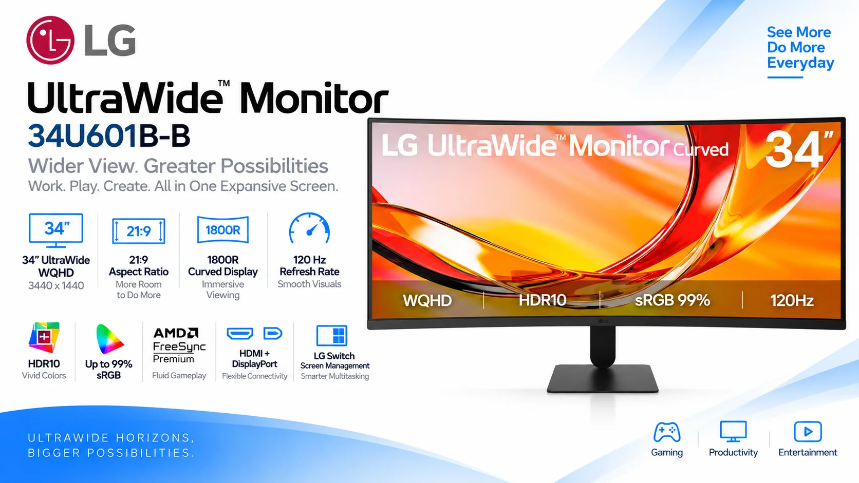 LG 34U601B-B 34-Inch UltraWide QHD Curved Monitor, 1800R, 120Hz, HDR10, 99% sRGB, VRR, FreeSync Premium, HDMI 2.0, DP 1.4, Black - Thumbnail 14