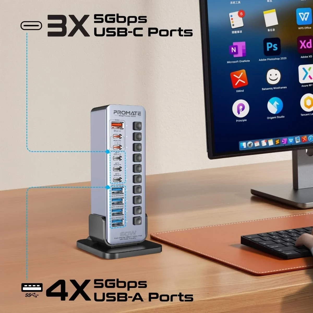 موزع USB-C متعدد المنافذ برجي 14 في 1 Promate GegaTower-60W بقدرة 60 واط - Image 3