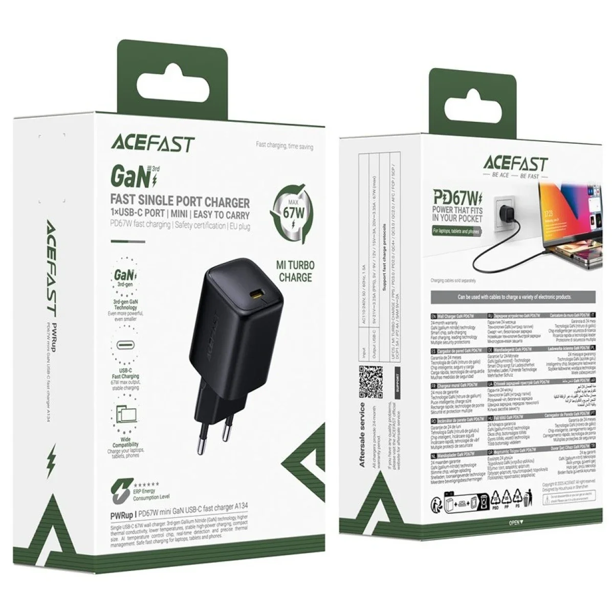 ACEFAST A134 67W Mini GaN USB-C Fast Charger EU Plug - Black