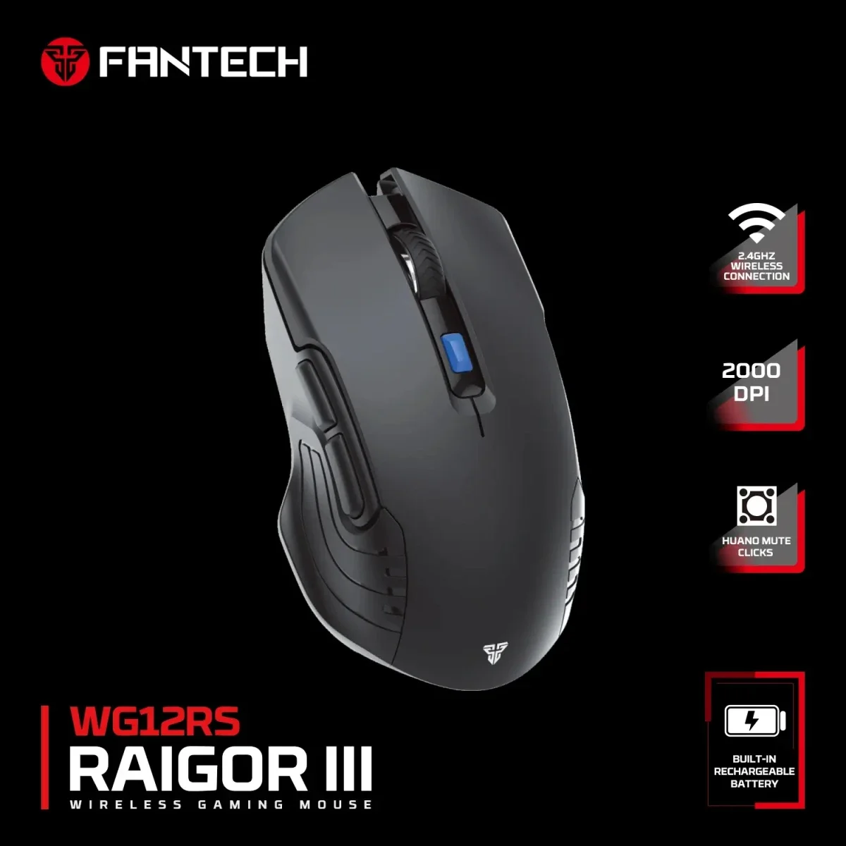 ماوس ألعاب لاسلكي Fantech Raigor III WG12RS بدقة 2000 DPI صامت أسود - Thumbnail 4