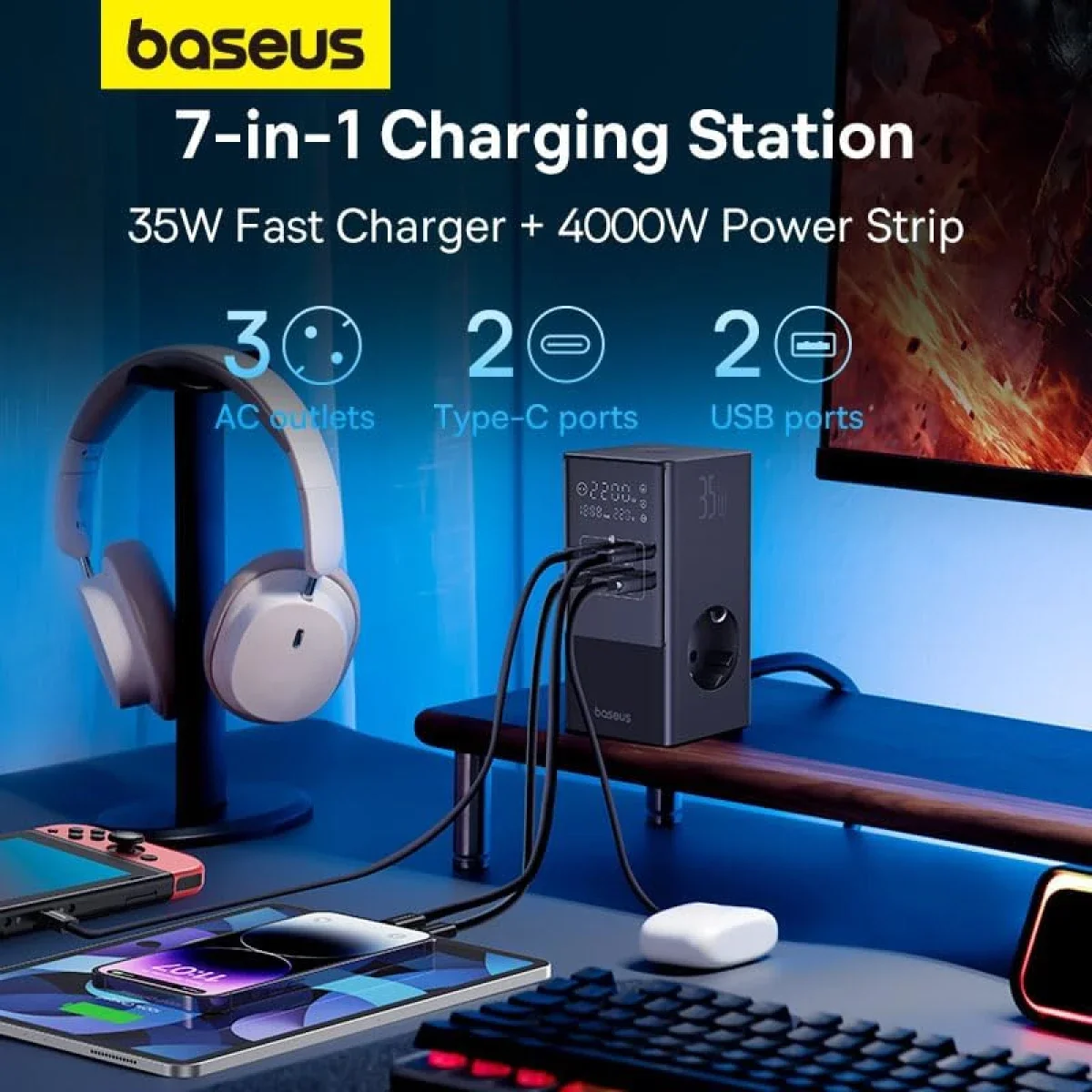 مشترك كهربائي رقمي Baseus PowerCombo Tower بقدرة 35 واط، 3 منافذ AC و2 USB-A و2 USB-C، سلك EU بطول 1.5 متر - أسود - Thumbnail 6