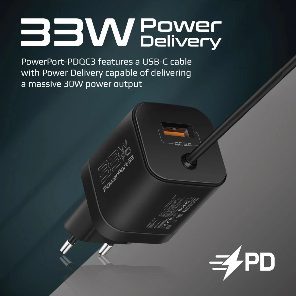 شاحن حائط Promate PowerPort-PDQC3 USB-C بقدرة 33 واط مع QC 3.0 بقدرة 22.5 واط وكابل 1.5 متر - أبيض - Thumbnail 4