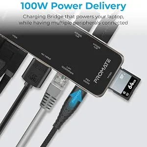 محول متعدد المنافذ USB-C من Promate PrimeHub-Pro 11 في 1 مع 100W PD و4K HDMI وVGA وRJ45 وAUX وSD/TF و4 USB - Thumbnail 14