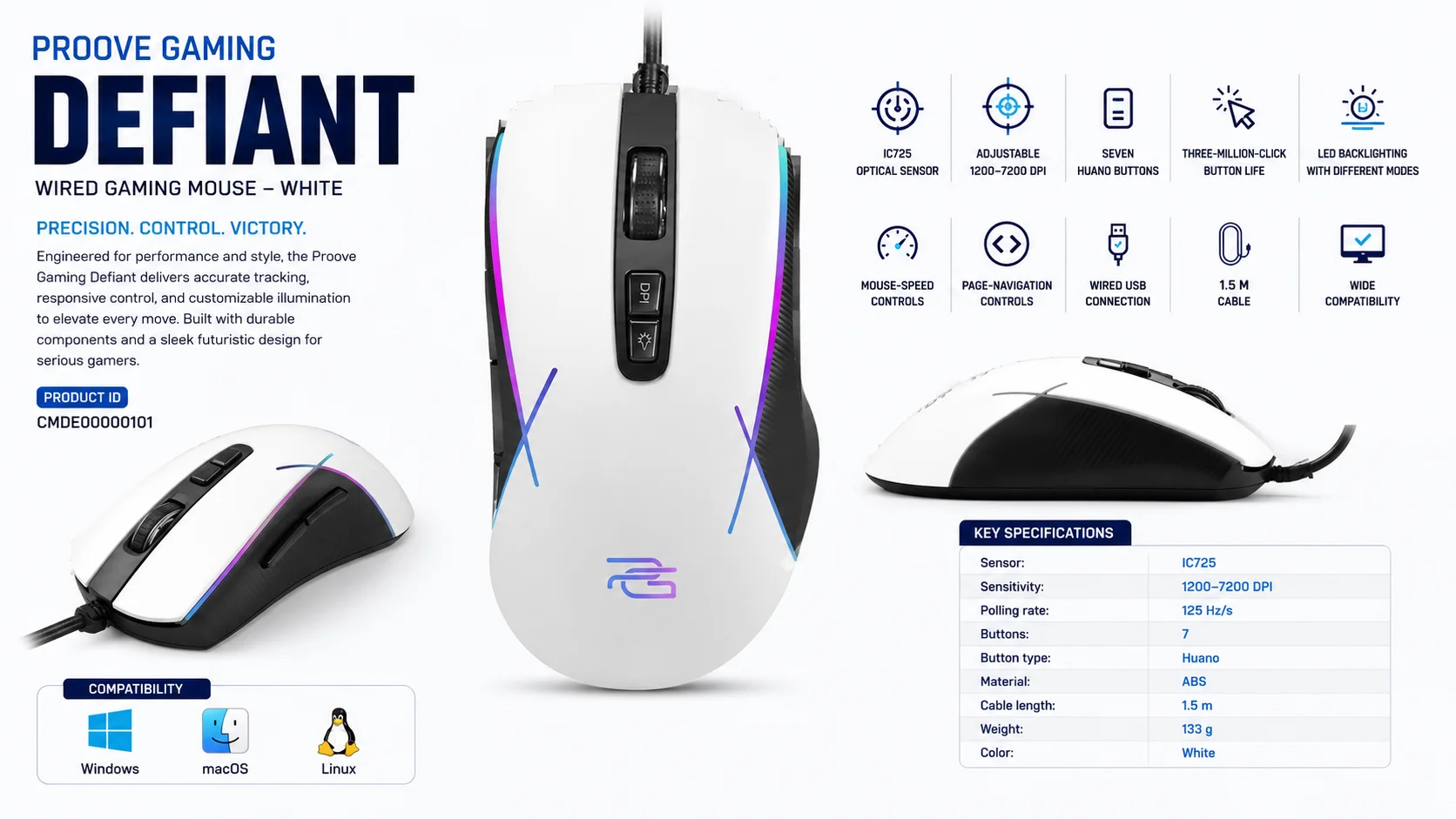 ماوس ألعاب سلكي Proove Defiant بدقة 7200 DPI أبيض (CMDE00000101) - Thumbnail 10