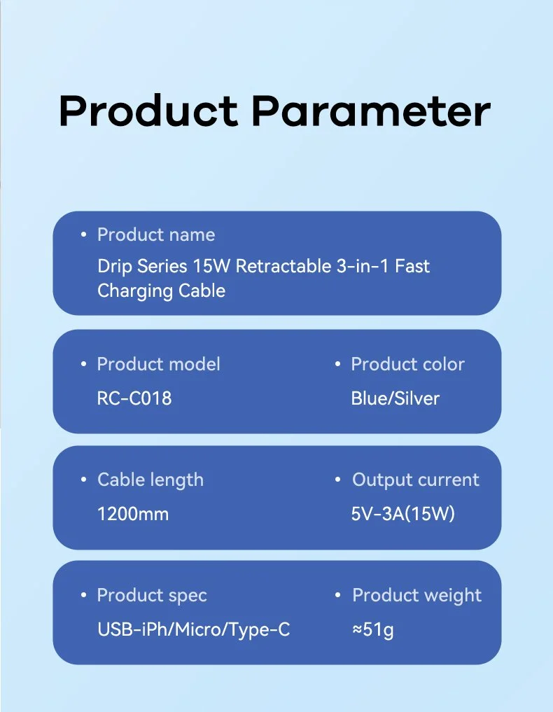 كيبل شحن سريع Remax Drip Series RC-C018 قابل للسحب 3 في 1 بقدرة 15 واط وطول 120 سم – USB إلى آيفون وType-C وMicro USB - Image 14