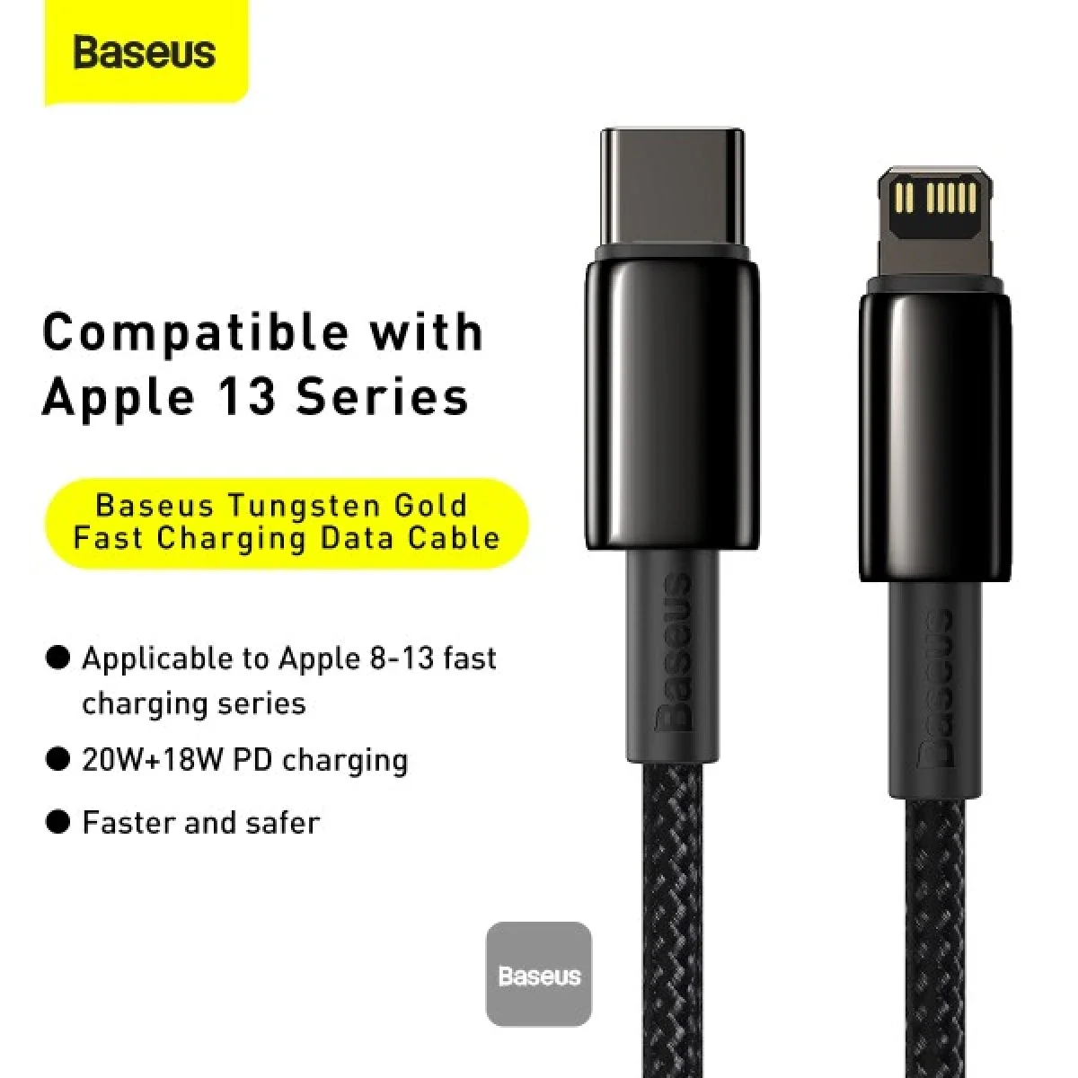 كابل Baseus Tungsten Gold من USB-C إلى Lightning شحن سريع PD 20W بطول 1 متر أسود - Image 7