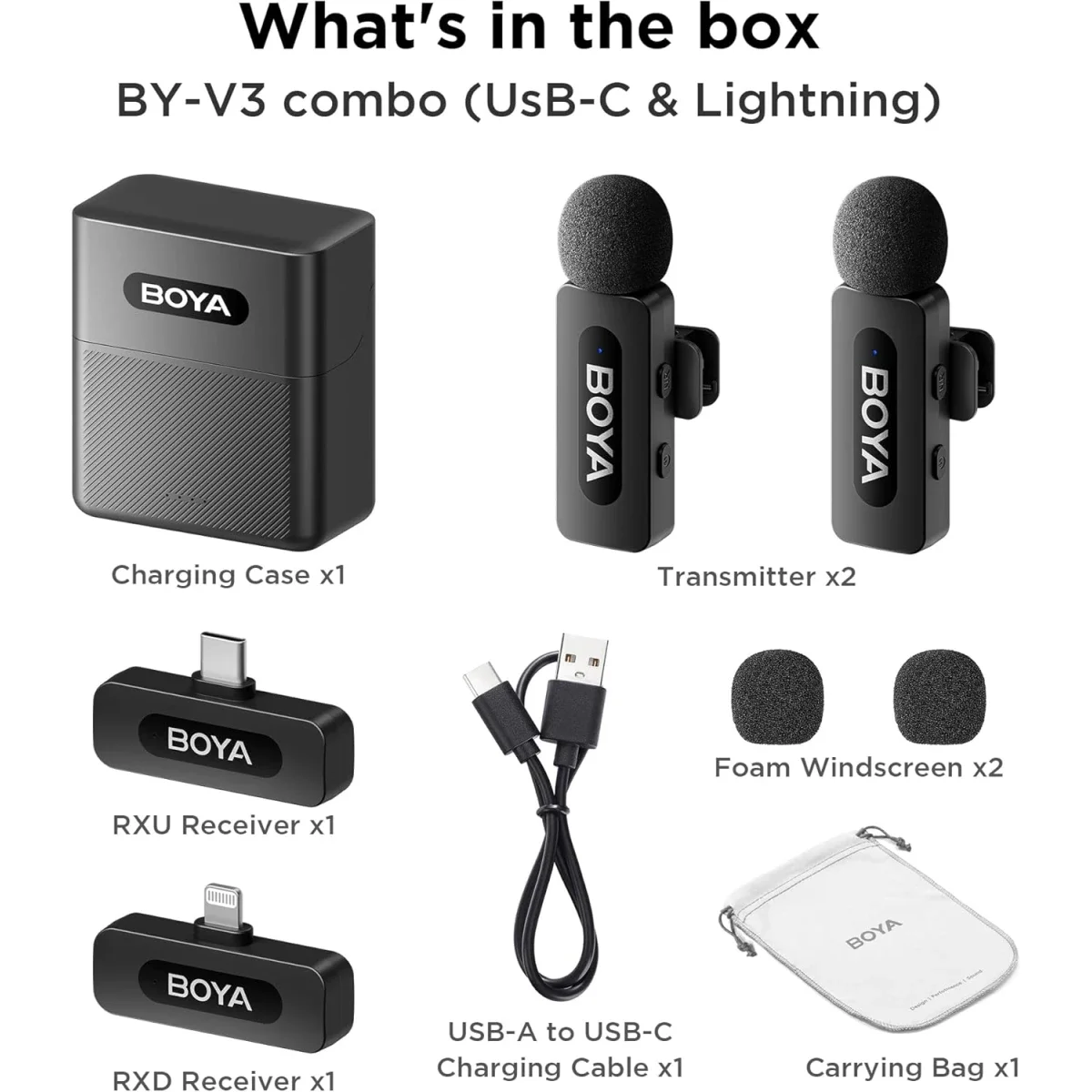 ميكروفون لافالير لاسلكي Boya BY-V3 Combo مع 2TX + 2RX ومدى 100 متر - Image 2