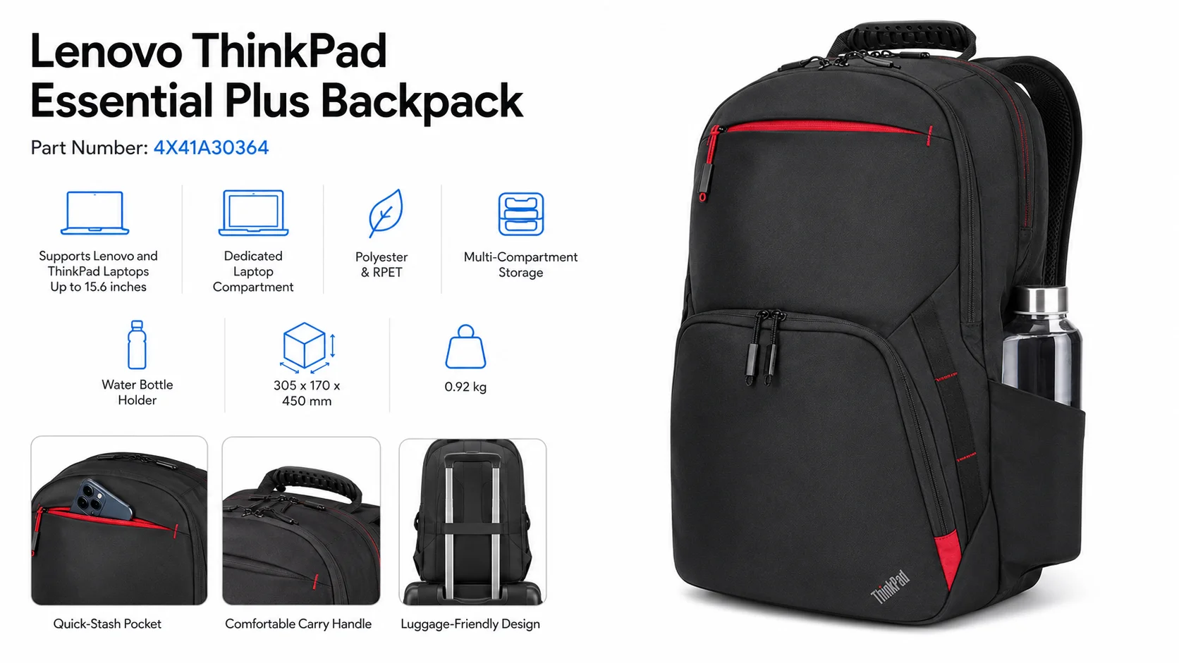Lenovo ThinkPad 16-Inch Essential Plus Eco Laptop Backpack, Black - Thumbnail 9