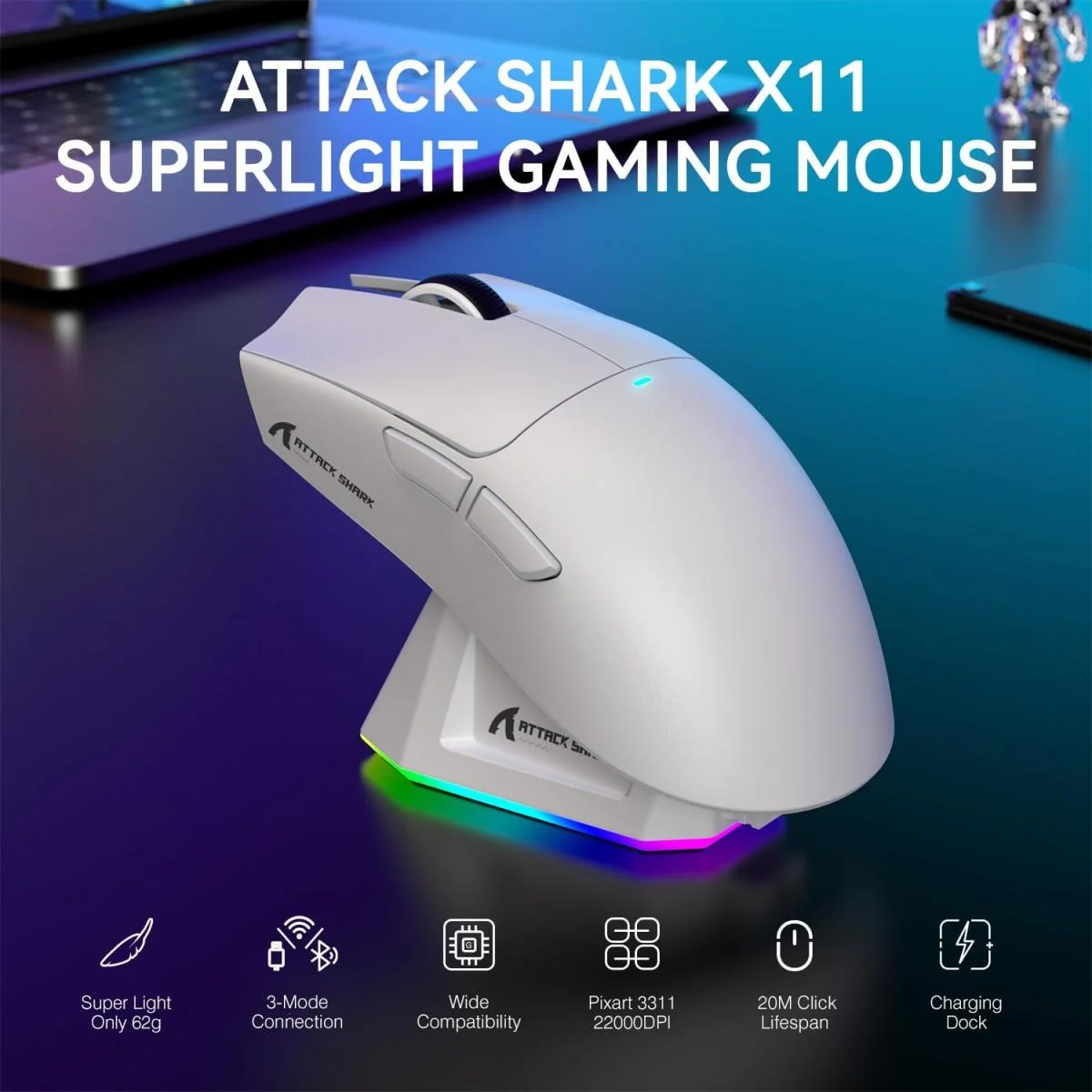 ماوس ألعاب خفيف ATTACK SHARK X11 لاسلكي ثلاثي الاتصال مع قاعدة شحن RGB ودقة 22K DPI، أبيض - Image 2