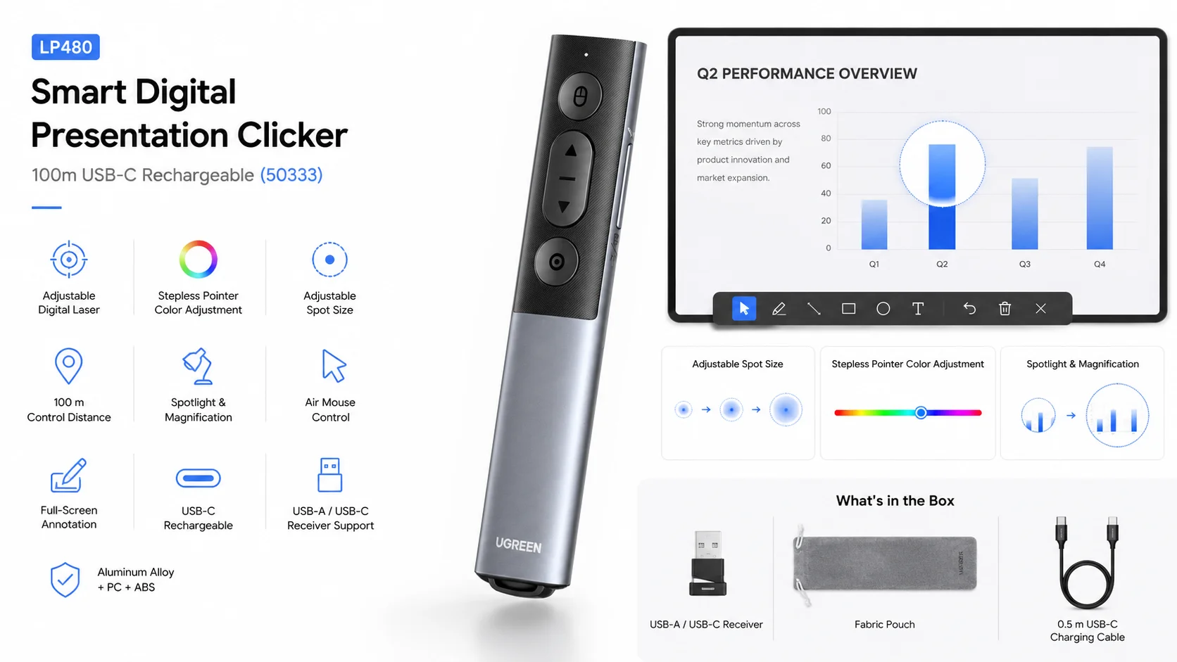 جهاز تحكم بالعروض التقديمية Ugreen LP480 ذكي رقمي بمدى 100 متر قابل للشحن USB-C 50333 - Image 5