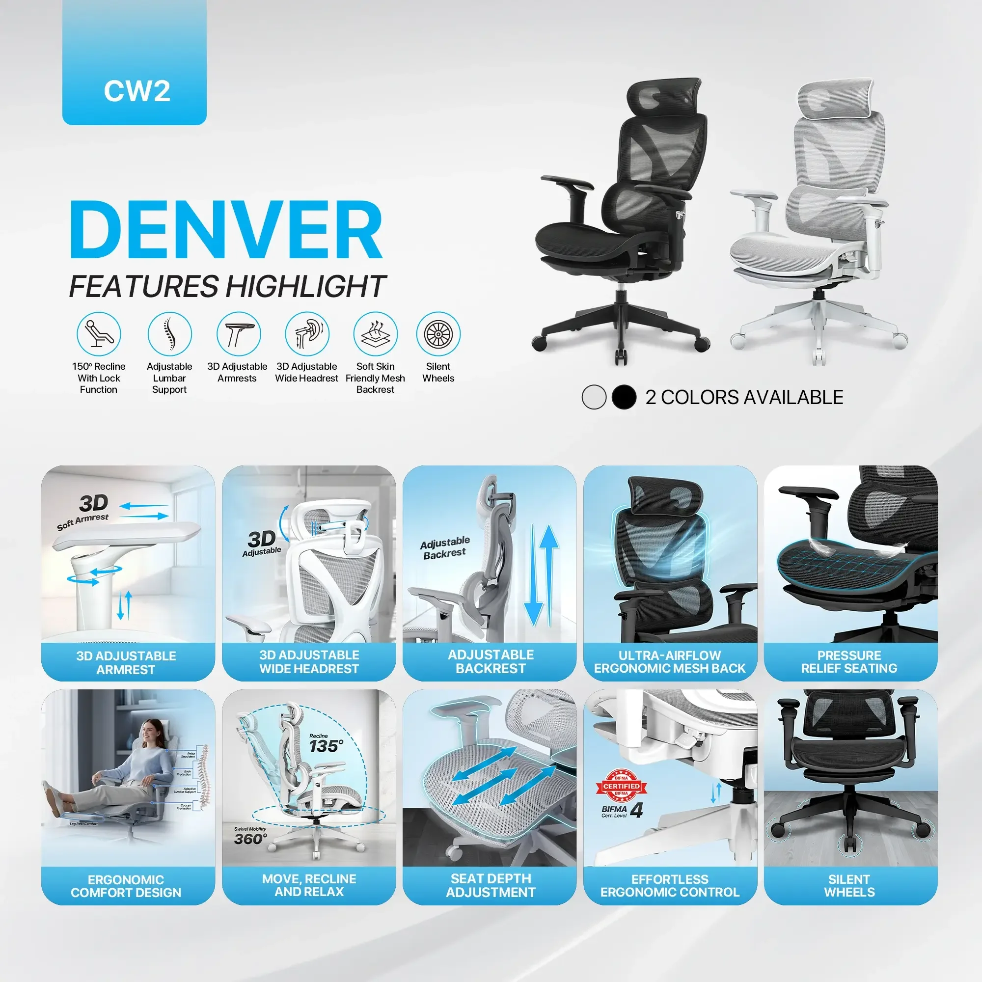 كرسي مكتب مريح - إمالة حتى 135° مع 4 وضعيات قفل للعمل والراحة والاسترخاء - أسود - نوع Fantech Workstation CW2 Denver  - Thumbnail 7