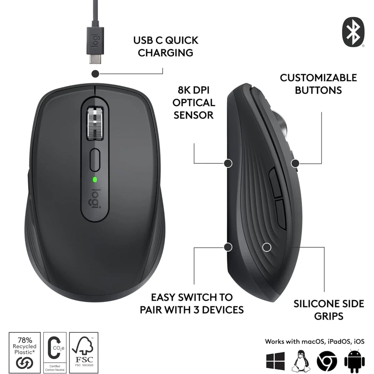 Logitech MX Anywhere 3S Wireless Bluetooth Mouse, 8000 DPI, Graphite - Thumbnail 6