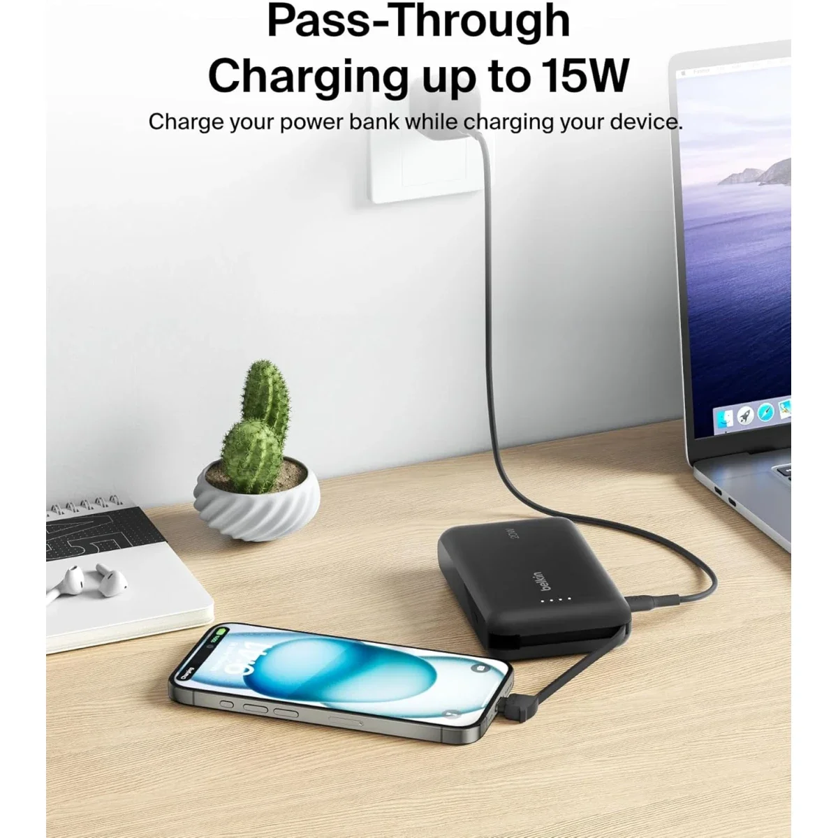 بطارية محمولة Belkin BoostCharge بسعة 10000mAh مع كابل USB-C مدمج وشحن PD بقوة 20W - أسود - Thumbnail 5