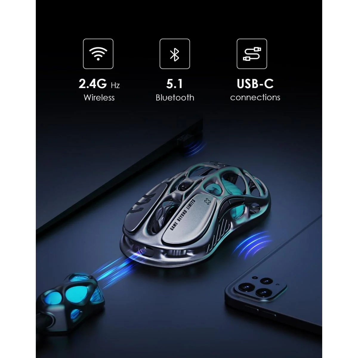 ماوس ألعاب لاسلكي GravaStar Mercury M1 Pro بمستشعر PAW3395DM ودقة 26000 DPI ومعدل Polling 4K - Image 2