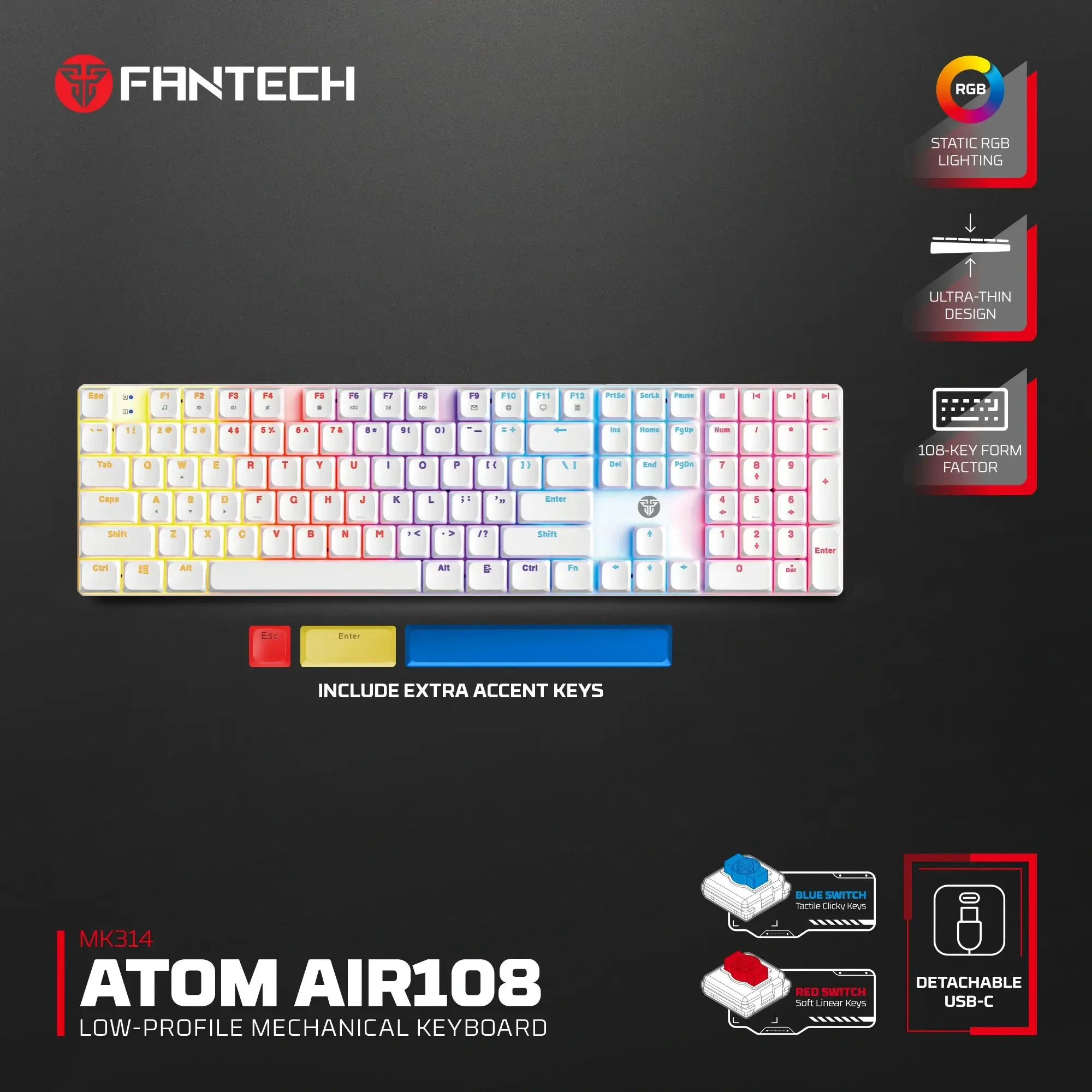 كيبورد ألعاب ميكانيكي منخفض الارتفاع مع 17 وضعية إضاءة Fantech MK314 أبيض - Image 3