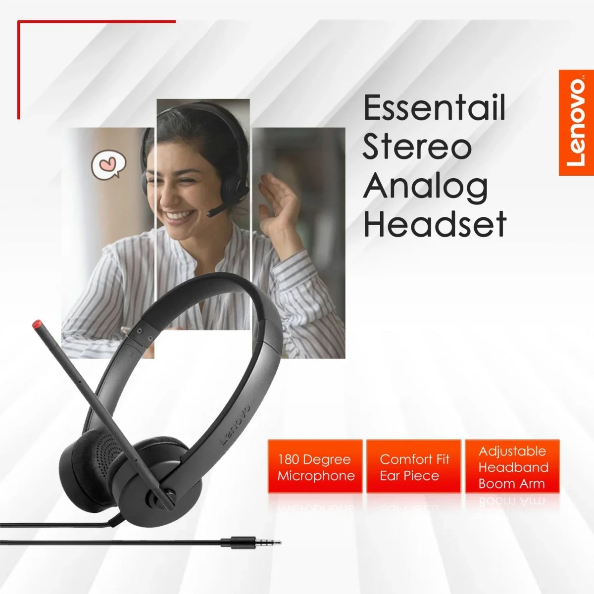 Lenovo 4XD0K25030 Essential Stereo Analog Headset with 3.5mm Swivel Microphone