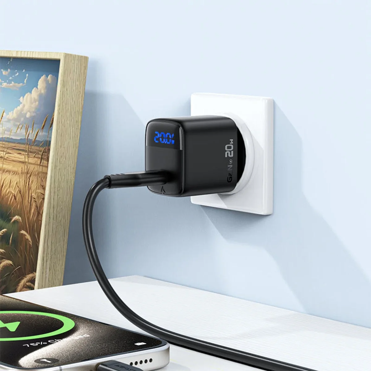 شاحن حائط ACEFAST A113 USB-C PD سريع 20 واط بتقنية GaN وشاشة LED وقابس أوروبي - Thumbnail 2