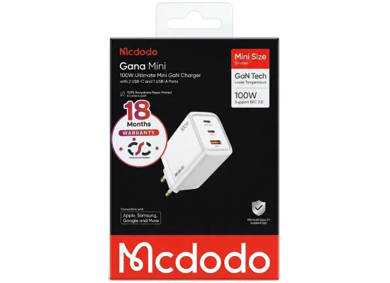 شاحن جداري Mcdodo Gana Mini بقدرة 100 واط GaN، 3 منافذ USB-C وUSB-A، أبيض - Thumbnail 2