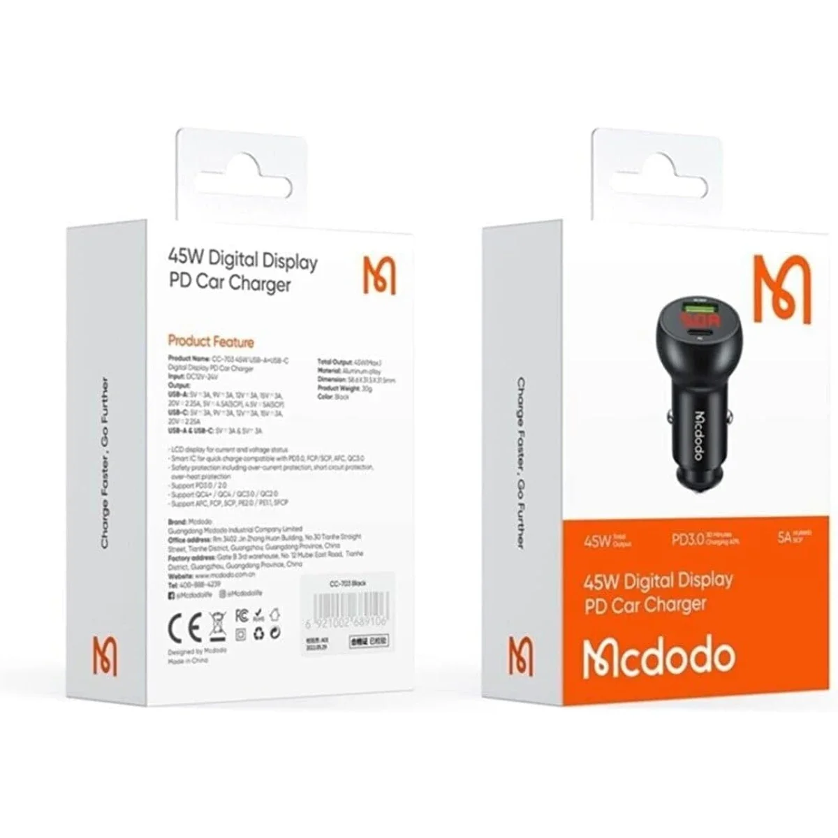 شاحن سيارة Mcdodo CC-7030 بقدرة 45 واط بمنفذي USB-A وUSB-C مع شاشة رقمية - أسود - Thumbnail 5
