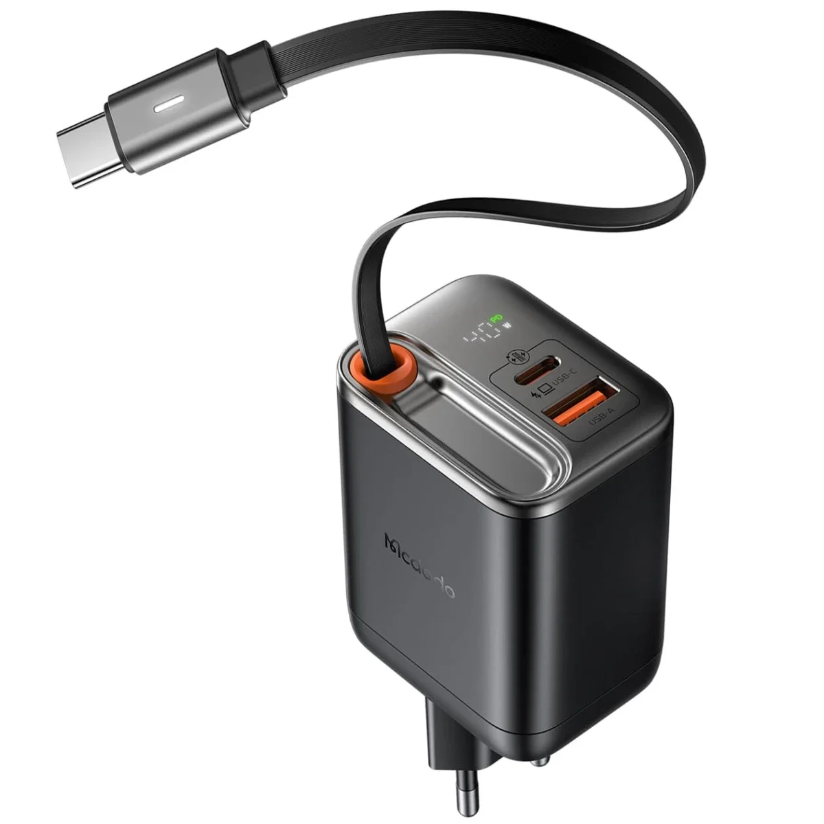 Mcdodo CH-4280 40W GaN5 USB-C Charger with Retractable Cable, Dual USB Ports, LED Display - Black