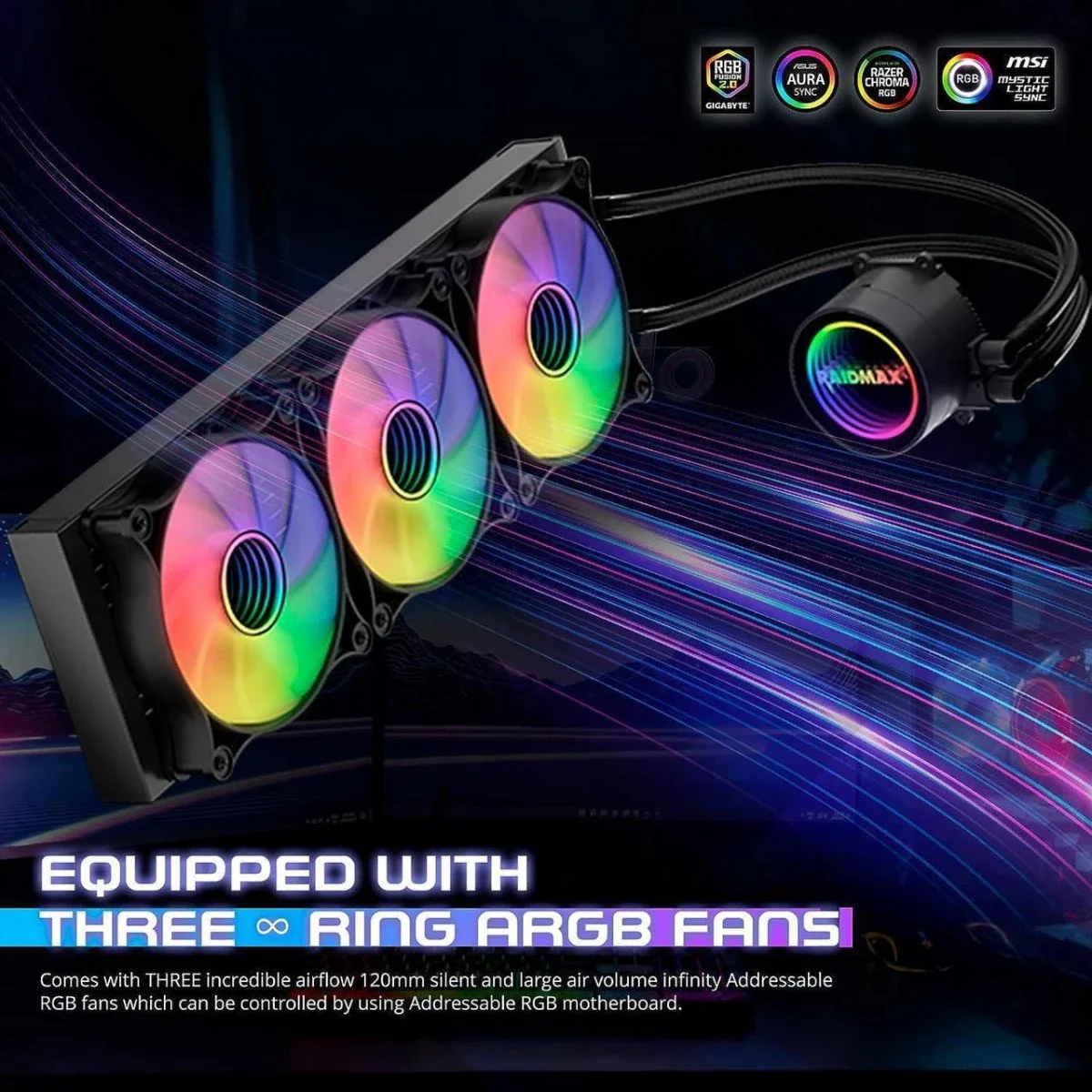 مبرد سائل للمعالج Raidmax Infinita LS360 مقاس 360mm AIO بإضاءة ARGB وPWM باللون الأسود - Thumbnail 4