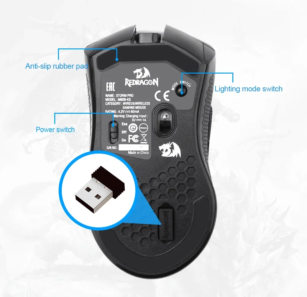 Redragon M808 Storm Pro Wireless RGB Honeycomb Gaming Mouse, 16,000 DPI, Black - Thumbnail 13