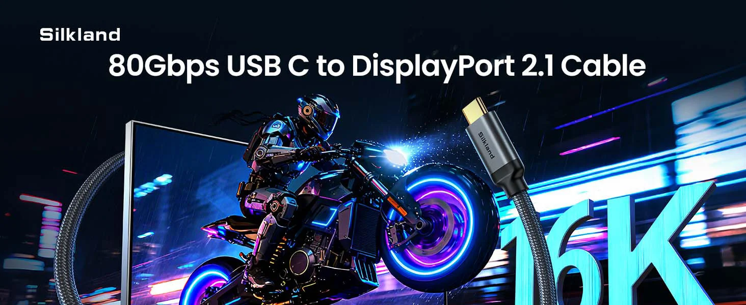 Silkland S1410 80Gbps USB-C to DisplayPort 2.1 Cable, 16K 60Hz, 8K 240Hz, 6.6ft - Thumbnail 9