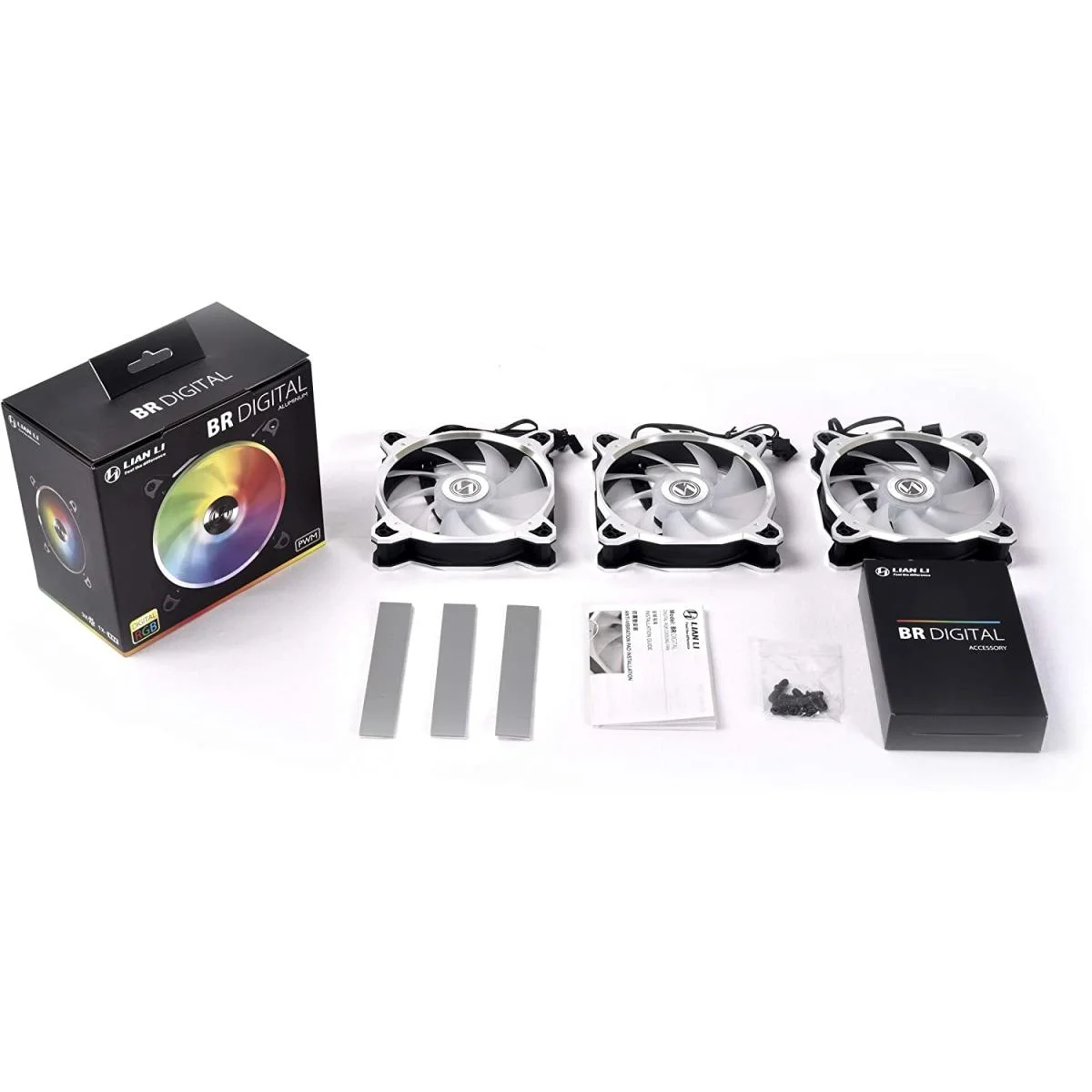 مروحة LIAN LI Bora Digital Series مقاس 120 مم بإضاءة ARGB وتحكم PWM، 3 مراوح، إطار فضي - Image 4