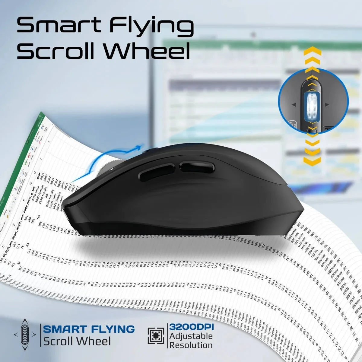 Promate SamoTri Tri-Mode Wireless Mouse, Bluetooth 5.0, 2.4GHz, 3200 DPI, Black - Thumbnail 5