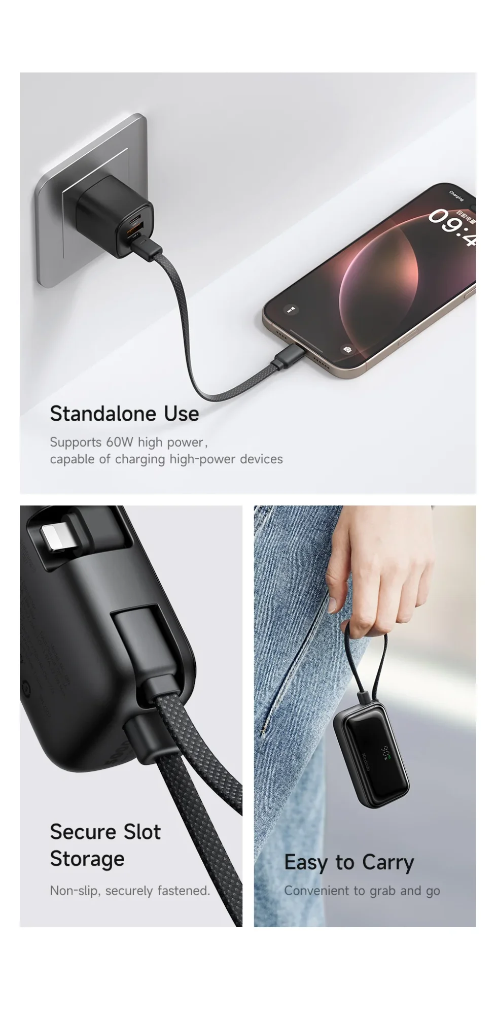 باور بانك Mcdodo MC-7800 MDD Free Kit بسعة 5000mAh وشحن 20W مع قابس iPhone وشاشة رقمية - أسود - Thumbnail 21