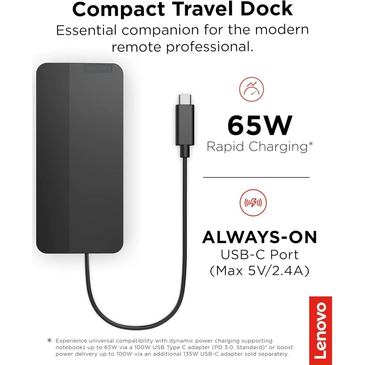 Lenovo 40B90100UK USB-C Dual Display Travel Dock 7-in-1 with Dual 4K 60Hz, 65W PD and Gigabit Ethernet - Image 6