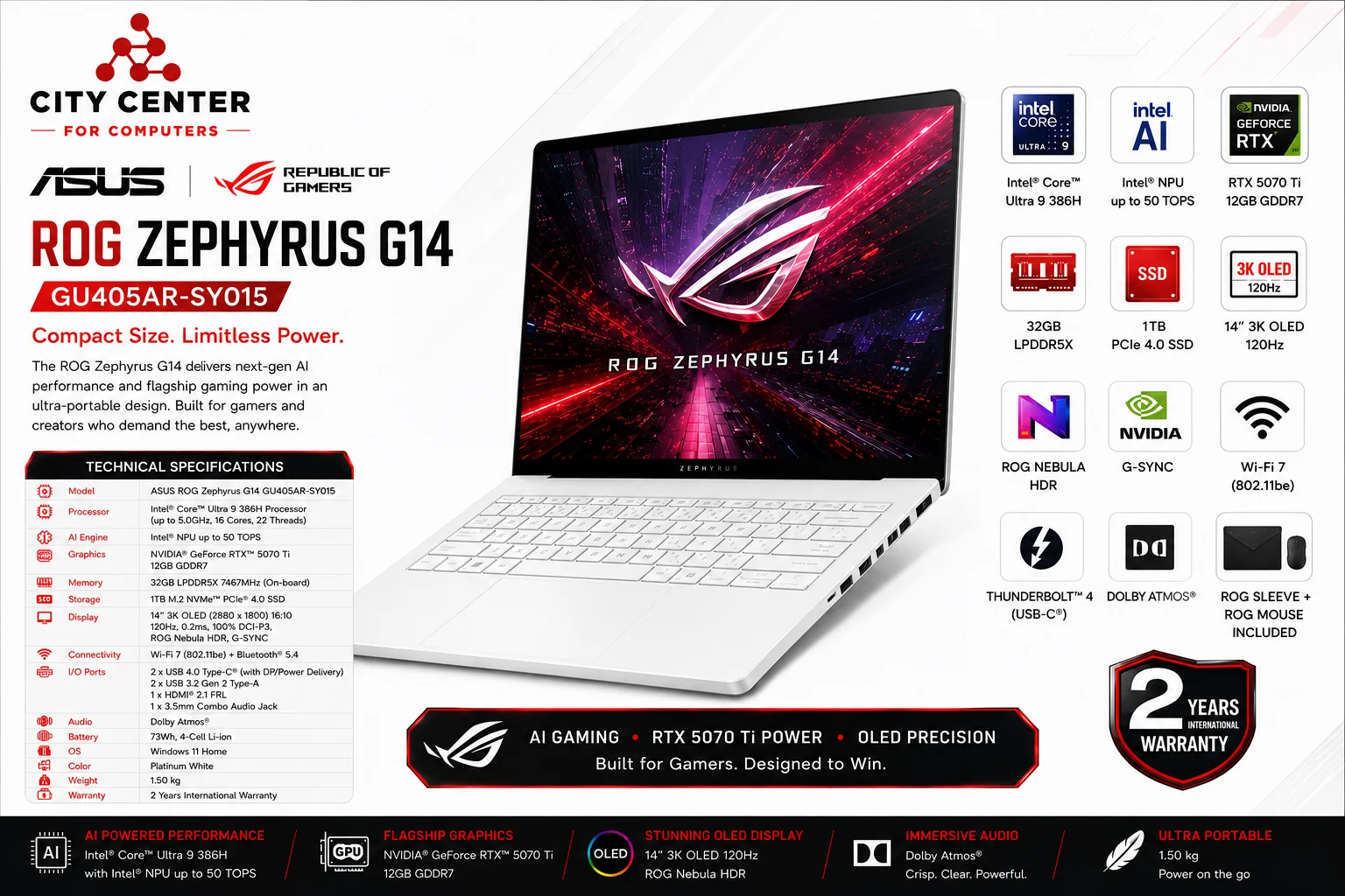 Asus ROG Zephyrus G14 GU405AR-SY015 Gaming Laptop Intel Core Ultra 9 386H RTX 5070 Ti 32GB RAM 1TB SSD 14.0-Inch 3K OLED 120Hz Platinum White - Thumbnail 15