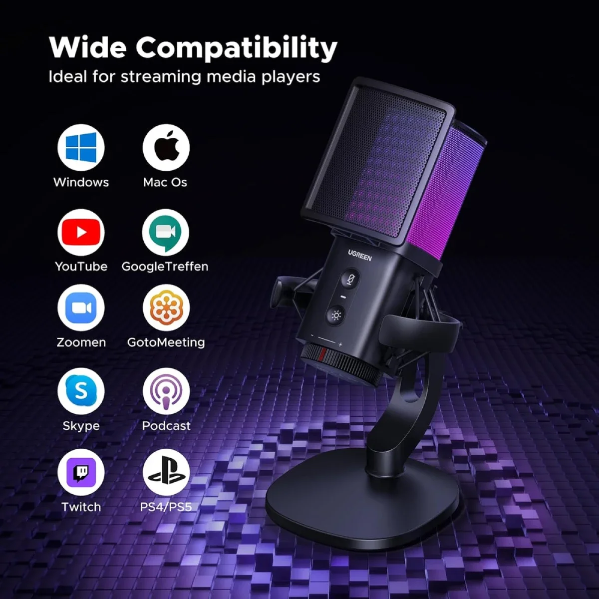 Ugreen CM581 USB Desktop Condenser Microphone, 96 kHz/24-bit, ANS Noise Reduction & 7 RGB Modes - Thumbnail 9