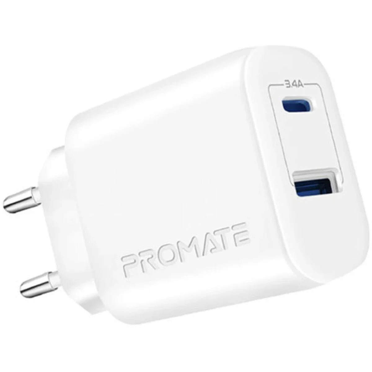 شاحن حائط Promate BiPlug-2 ثنائي المنافذ USB-C وUSB-A بقدرة 17 واط قابس أوروبي - أبيض - Thumbnail 6