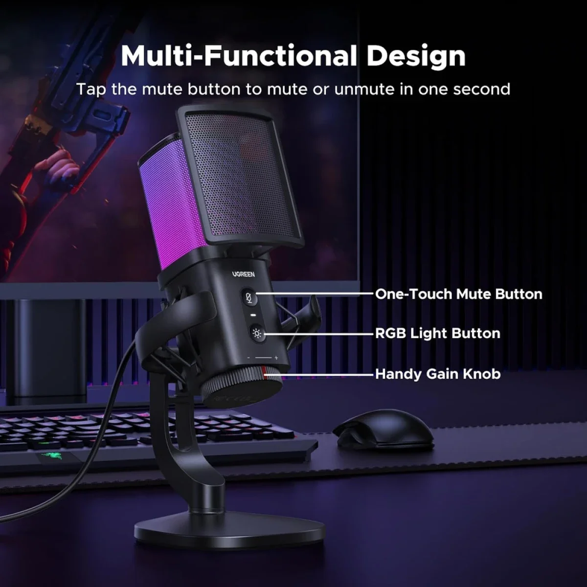 Ugreen CM581 USB Desktop Condenser Microphone, 96 kHz/24-bit, ANS Noise Reduction & 7 RGB Modes - Thumbnail 6
