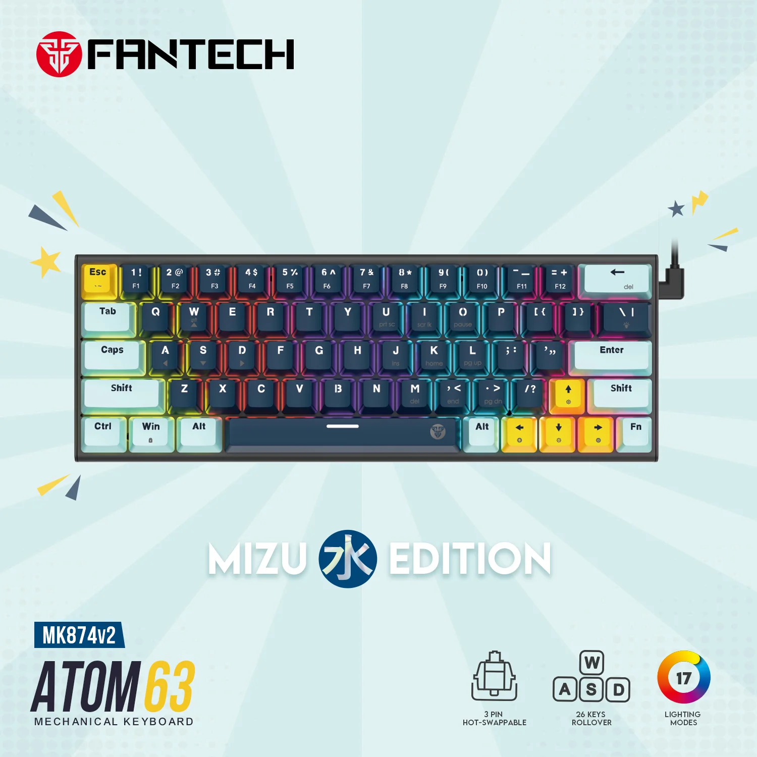 كيبورد ألعاب ميكانيكي يحتوي على 17 وضع إضاءة  Fantech MK874V2 - Mizu Series Navy Blue - Thumbnail 2