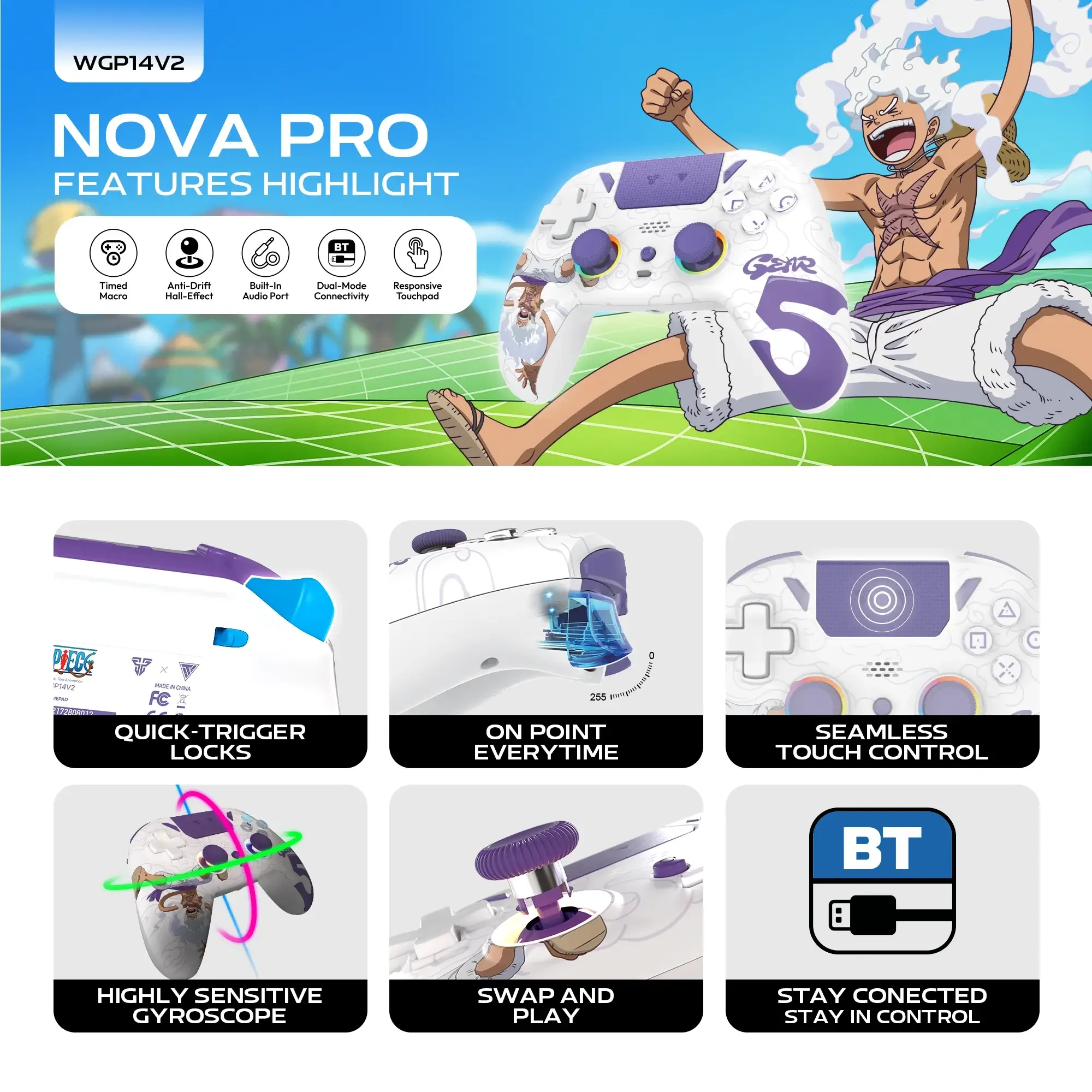 يد تحكم ألعاب Fantech NOVA PRO WGP14V2 متعددة المنصات إصدار One Piece Gear5 Egghead - Thumbnail 6