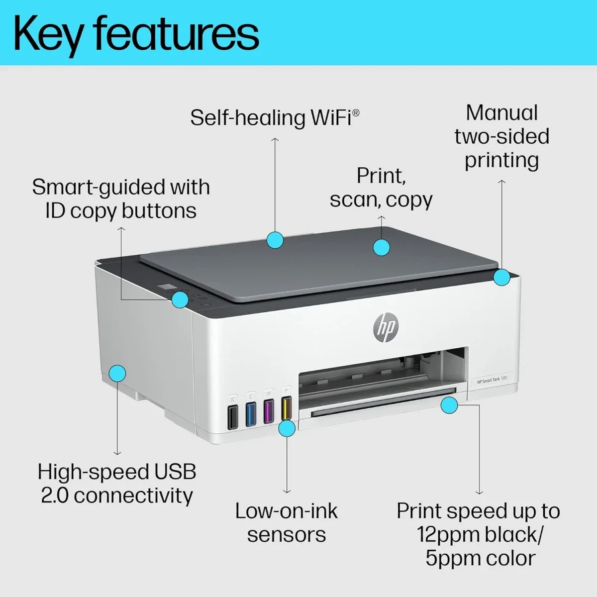 طابعة HP Smart Tank 580 متعددة الوظائف بخزان حبر لاسلكية ملونة - Image 4